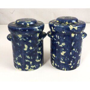 Vintage Spackleware Stoneware Blue Milk Can Salt & Pepper Shakers USA